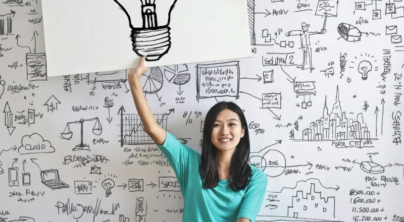 Young woman holds a light bulb drawing against a creative brainstorming wall.
